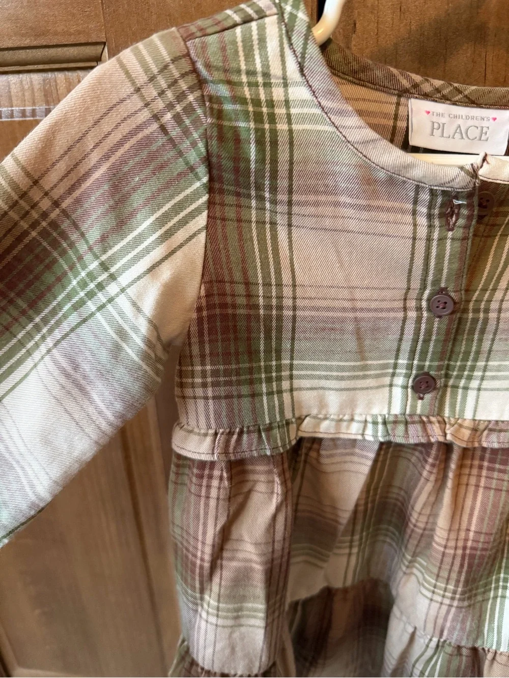 The Children's Place Girls Green Plaid Flannel Tiered Ruffle Shirt Dress, Sz 2T